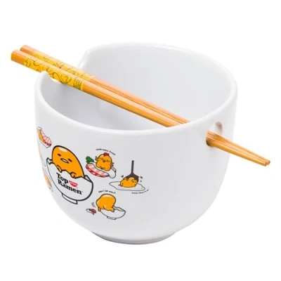 Image of Silver Buffalo Sanrio Gudetama Lazy Egg Poses Top Ramen Nissin Ceramic Noodle Rice Bowl with Chopsticks, Microwave Safe, 20 Ounces