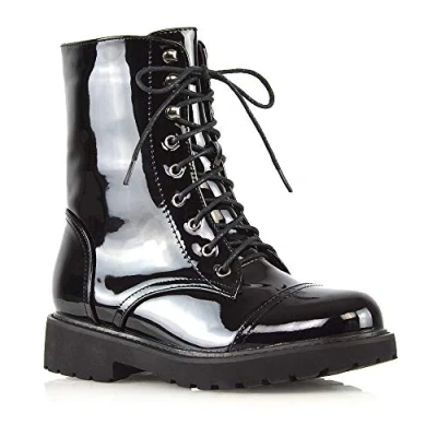 Image of Womens Lace Up Ankle Boots Chunky Grip Sole Ladies Winter Retro Combat Goth Biker Military Army Shoes Booties Size 3 8 Black Patent