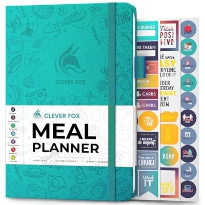 Image of Clever Fox Weekly Meal Planner &amp; Daily Prep Journal with Shopping and Grocery Lists for Menu Planning, Healthy Diet Weight Loss Tracking, Lasts 1 Year, Undated, A5 Aquamarine