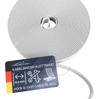 Image of KabelDirekt hook and loop cable ties 5 m x 12.5 mm environmentally friendly tie roll, individually cuttable &amp; reusable (cable protecting white)