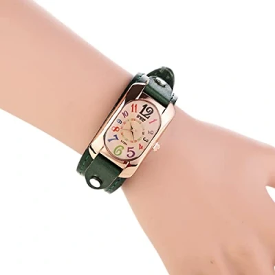 Image of Vintage Leather Quartz Stone Women&#039;s Watch, Strap Ladies Genuine Rectangle Digital Watch (Green)
