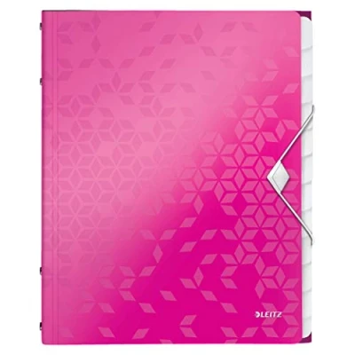 Image of Leitz A4 Divider Book, Holds Up to 200 Sheets, Integrated Index with 12 Compartments, Elastic Closure, Metallic Pink, WOW Range, 46340023