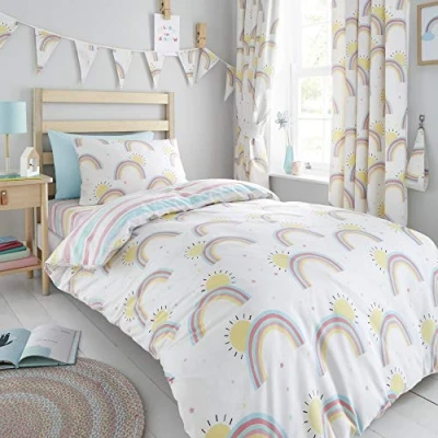 Image of Happy Linen Company Girls Kids Rainbows Sunshine Stripes White Single Reversible Duvet Cover Bedding Set