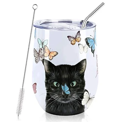 Image of NymphFable 12oz Cat Cup Wine Tumbler with Lid and Straw Travel Mug Gifts for Women Stainless Steel Insulated Double Wall