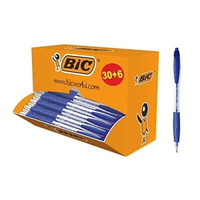 Image of Bic 920286 Atlantis Classic Ballpoint Pen in Blue, Line Width 0.4 mm, Refillable, Pack of 36, Ideal for the Office, Home Office or School