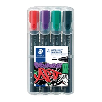 Image of Staedtler Lumocolor permanent markers, line width 2.00 mm, light resistant, quick drying, low odour, long service life, 4 markers in a stand up box, 352 WP4 1