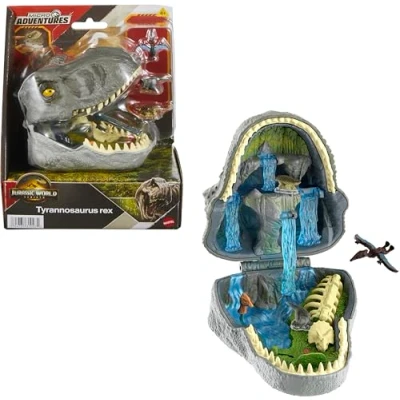 Image of ​Mattel Jurassic World Rebirth Micro Adventure Playset, Tyrannosaurus Rex Head Opens to 4 Interactive Features, 3 Figures, T. Dinosaur Toy, JGB97