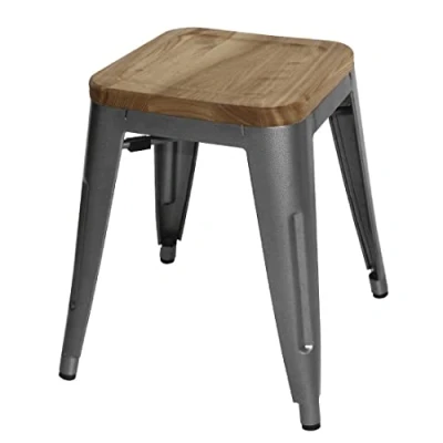 Image of Bolero Grey Steel Bistro Low Stools with Wooden Seat Pad 455X405X405mm Chair 4pc