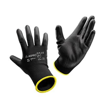 Image of ASPRO 20 Pairs Work and Gardening Gloves Black Nylon PU Coated Workwear for Builder, Gardener, Mechanic, Construction, Warehouse etc Size 7 (S)