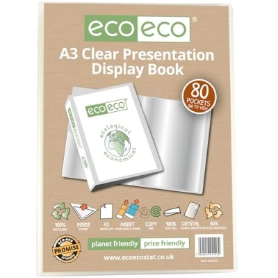 Image of eco A3 Size 50% Recycled 80 Pockets Clear Presentation Display Book, Storage Case Portfolio Art Folder with Plastic Sleeves, eco153