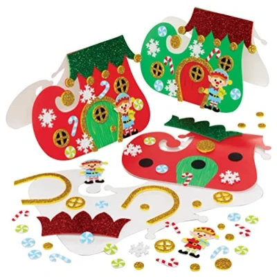 Image of Baker Ross FE968 Christmas Elf Boot Card Kits Pack of 6, Blanks for Making, Make Your Own Cards, Ideal Kids Arts and Crafts Projects, Green,Red