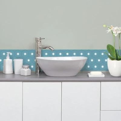 Image of Draeger Paris Adhesive Wall Tiles Ideal for Kitchen and Bathroom Set of 6 Tiles, Blue Green Stars 15 x cm