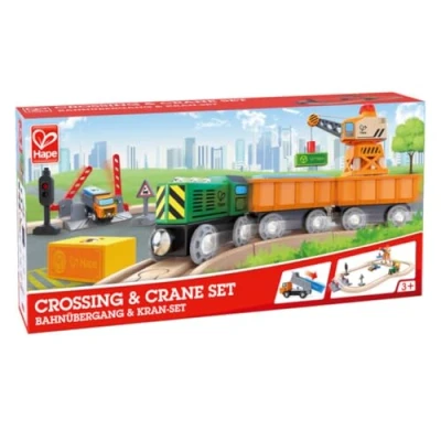 Image of Hape E3732 Crossing &amp; Crane Wooden Train Set