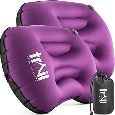 Image of Trail Inflatable Camping Pillow Oversized Ultralight Travel Cushion Neck Lumbar Support with Strap and Bag (2 x Purple Pillows)