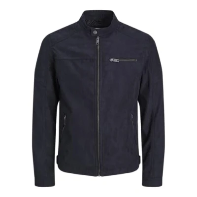 Image of JACK &amp; JONES Men&#039;s Faux Leather Jacket Motorcycle Blouson Bomber JJEROCKY Design Outerwear Transitional Coat., Colours:Black, Size:L