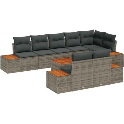 Image of vidaXL 9 Piece Garden Sofa Set with Cushions Grey Poly Rattan &amp; Acacia