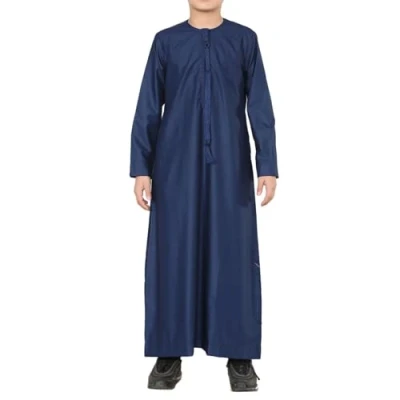 Image of Boy&#039;s Kids Navy Blue Thobe Emirati Jubba Islamic Clothing Kaftan Eid String Tassel