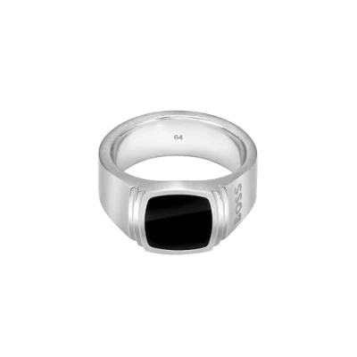 Image of BOSS Odell Ring silvercoloured/black, Men&#039;s, Size: 64, Silver coloured/black