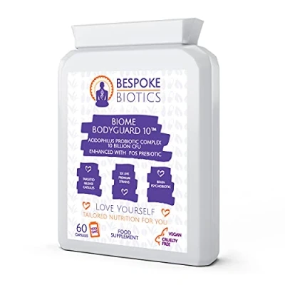 Image of 10 Billion Probiotic Acidophilus High Strength Multi Strain+ Prebiotic FOS Active Live Bacteria Complex Supplement CFU XL 60 Caps Vegans Anxiety Biome Bodyguard Made in The UK