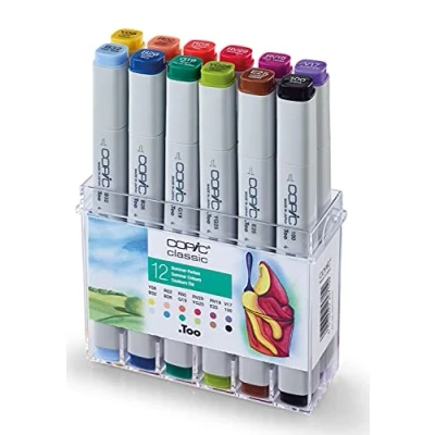 Image of COPIC Classic Coloured Marker Pen Set of 12 Summer, for Art &amp; Crafts, Colouring, Graphics, Highlighter, Design, Anime, Professional Beginners, Supplies Colouring Books