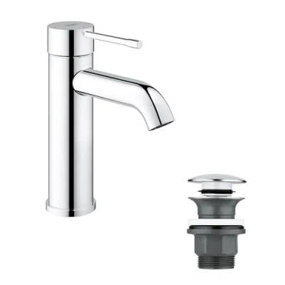 Image of GROHE Essence Single Lever Basin Mixer, S Size, with Push Open Pop Up Waste Set, Metal Lever, Water and Energy Saving, Chrome Easy To Install 23797001