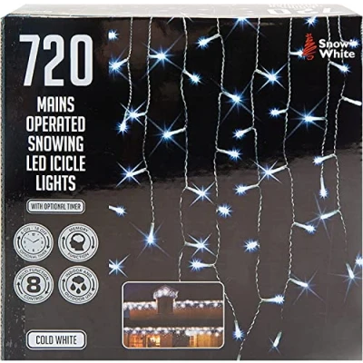 Image of VFM 11.5M Cold White LED Snowing Icicle Christmas Fairy Lights Mains Operated 720 Bulbs Indoor &amp; Outdoor with Optional Timer Multi Function Controls
