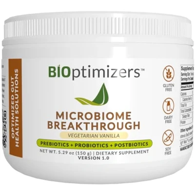 Image of BiOptimizers Microbiome Breakthrough Repair Powder Contains Probiotics for Men &amp; Women Gas Bloating Relief, GI Revive Improves Gut Health Vanilla Vegetarian 30 Servings 150g