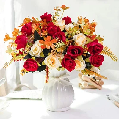 Image of LESING Artificial Silk Rose with Vase Fake Flowers Wedding Bouquets Arrangement Home Office Party Centerpiece Table Decoration (Red 1)