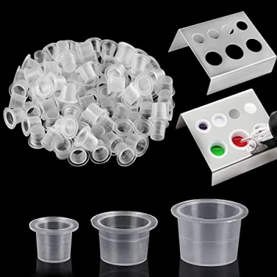 Image of Ink Cup Holder with Tattoo Caps EMALLA 2Pcs 300PCS Cups 7 Holes Cap Pigment Stand for Permanent Makeup Tools