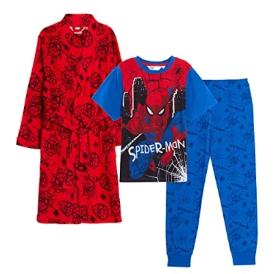 Image of Marvel Boys Spiderman Pyjamas + Bath Robe Kids Matching Nightwear Set Pjs Dressing Gown Red 4 5 Years