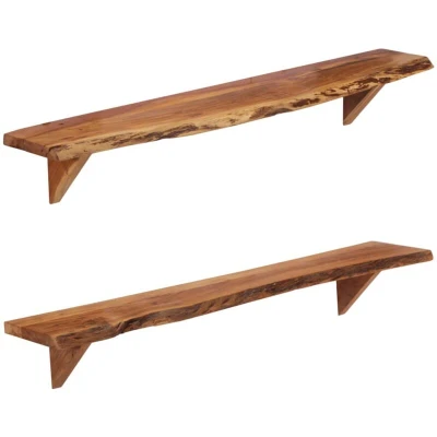 Image of vidaXL Solid Acacia Wood Wall Shelves Set of 2, Rustic Handcrafted Wooden with a Natural Finish, Ideal for Displaying Books &amp; Decorative Items, Suitable Living Room and Office