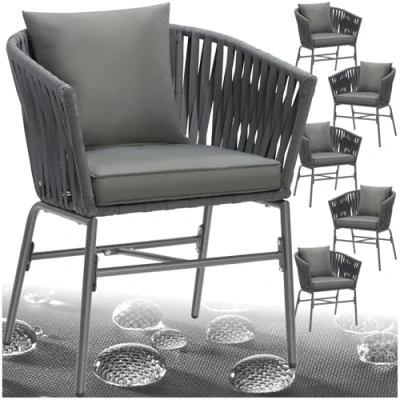 Image of TecTake® Set of 6 Garden Chairs in Modern Rope Design with Thick Cushions, Armchair Sturdy Steel Frame &amp; Water Repellent Covers, Ideal Patio, Balcony Furniture Dark Grey