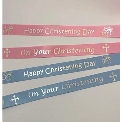 Image of 15mm Pink &#039;Happy Christening Day&#039; Ribbon Printed in Metallic Silver Text, 1 metre Cut from roll