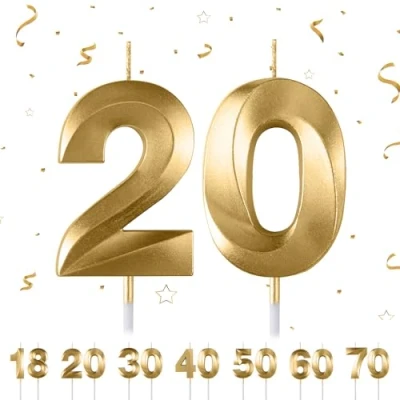 Image of 20th Birthday Number Candles,3D Gold Candle,Number 20 Candle for Party Cake Topper Decorations Woemn Men Anniversary Supplies