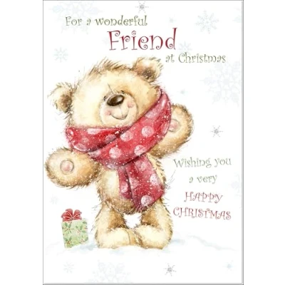 Image of doodlecards Friend Christmas Card Teddy Bear with Red Scarf Medium Size for Plain Envelope