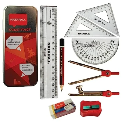 Image of B2SGeo Maths Geometry Set, Compass Divider Ruler Protractor Set Squares Pencil Sharpener Eraser, School Exam Instrument iZOFAX Black Ball Pen