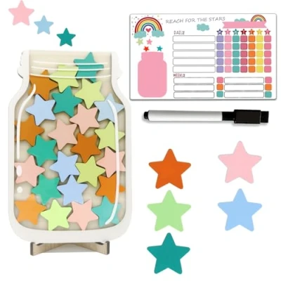 Image of Magnetic Reward Jar for Kids, With Star Tokens, Chore Chart, Potty Training Chart Toddler Boys/Girls, Inspiring Good Behaviour in Toddlers, Train Tool Board Kids