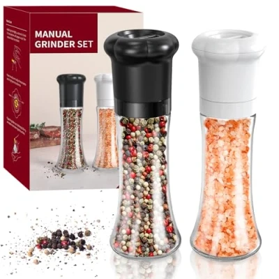 Image of CIRCLE JOY Salt and Pepper Grinder, Manual Grinder Set with Adjustable Ceramic Blades, Glass Body Shakers for Kitchen BBQ, No Salt/Pepper Included, 180ml