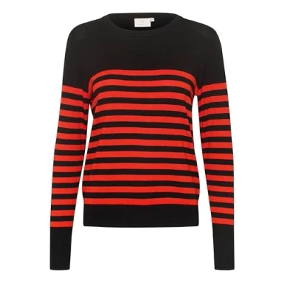 Image of KAFFE Women&#039;s Pullover Slim Fit Crew Neck Long Sleeves Tight Knit, Black/Red Stripe, Medium