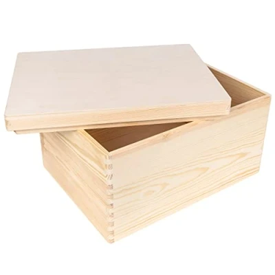 Image of Creative Deco XXL Large Plain Wooden Storage Box 40x30x22 cm (+/ 1 cm) Pressed Lid Unpainted Gift for Christmas Xmas ROUGH &amp; UNSANDED Wood Keepsake Memory Craft Chest
