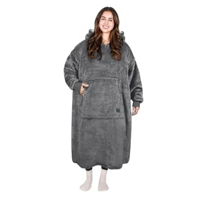 Image of Catalonia Classy Extra Long Sherpa Hoodie Blanket Ghepard, Fluffy Oversized Cosy with Sleeves and Hood, Warm Large Hooded Blanket, Wearable as a Gift Idea for Women Men, Grey