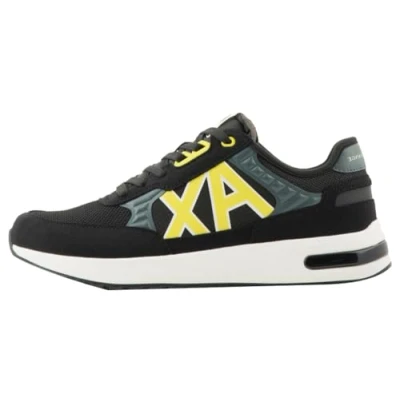 Image of Armani Exchange Men Dusseldorf Embossed Geometric Motifs Sneaker, Black Grey Yellow, 8 UK