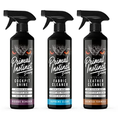Image of Primal Instinct Interior Car Cleaning Detailing Kit Includes Fabric &amp; Upholstery, Leather Cleaner and Cockpit Shine for Dashboard Vinyl 3x 500ml