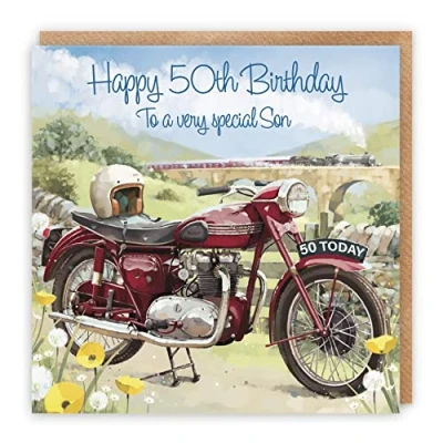 Image of Hunts England 50th Son Birthday Card Happy Steam Train Countryside Classic Motorcycle Special Wording Inside Milo&#039;s Gallery Collection