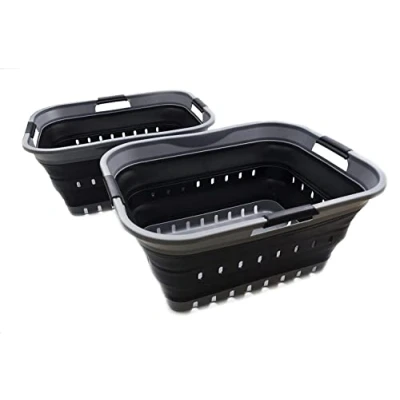 Image of SAMMART 42L Collapsible Plastic Laundry Basket Foldable Pop Up Storage Container/Organizer Portable Washing Tub Space Saving Hamper/Basket (2, Grey/Black)