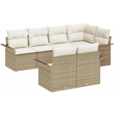 Image of vidaXL 7 Piece Garden Sofa Set with Cushions Beige Poly Rattan