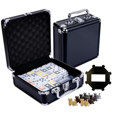 Image of Engelhart 250161 Mexican Train Dominoes Set D12 Black Metal Case 91 + 8 Trains Plastic Station 2 to Players