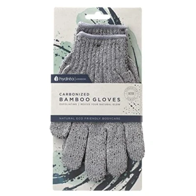 Image of Hydrea London Exfoliating Gloves Carbonised Bamboo Face Exfoliator &amp; Body Scrubber for Men Women Deep Cleansing Smoothing Shower Mitt Exfoliant Charcoal Facial Bath Scrub Skincare