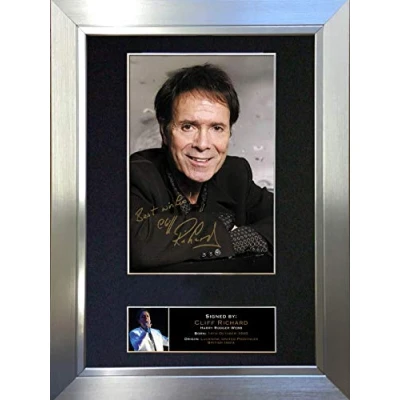Image of CLIFF RICHARD Signed Autograph Mounted Photo Reproduction PRINT A4 Very Rare (297 x 210mm) #84 (Silver Frame)