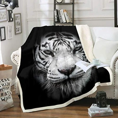 Image of Women Tiger Fleece Blanket Wild Animal Theme Sherpa Throw for Sofa Couch Black White Wildlife Style Plush Breathable Safari Cat Fuzzy Room Decor Double 60&quot;x79&quot;